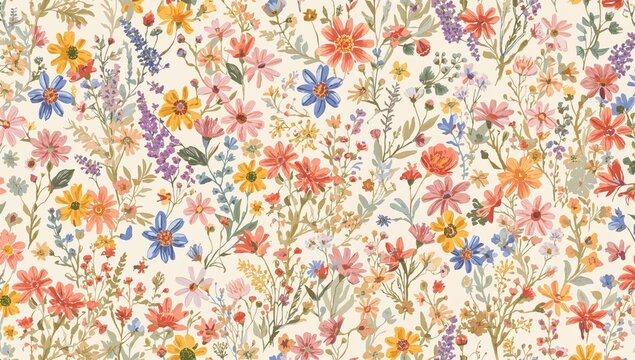 Seamless vintage floral pattern featuring colorful daisies, suitable for fabric design or wallpaper