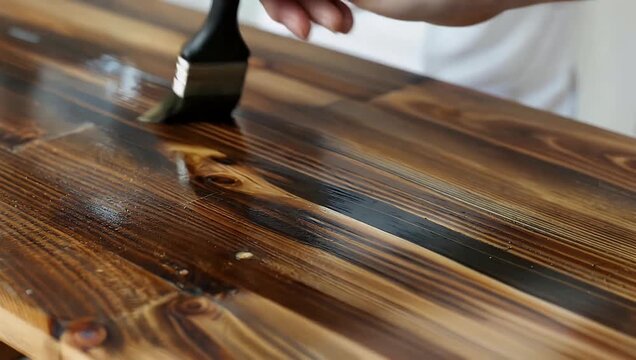 A detailed high quality 4K close up stock video of paint protection product being applied to wood texture with a brush demonstrating the process of improving furniture aesthetics and effectively