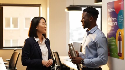 An HR benefits coordinator hands a reusable water bottle to a happy male teammate, part of a corporate wellness program to promote health and sustainability in a warm, friendly office.