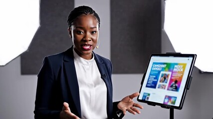 Dynamic marketing professional presents a compelling new campaign mockup on a tablet during a crucial idea pitch. Clean studio lighting highlights her confident gesture.