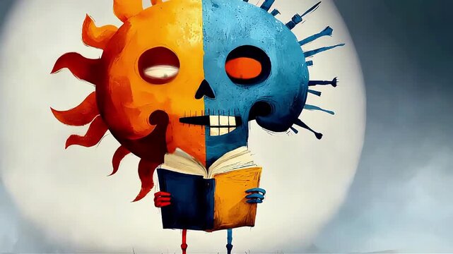 Day and Night Skull: Split Sun Skeleton Art with Open Book