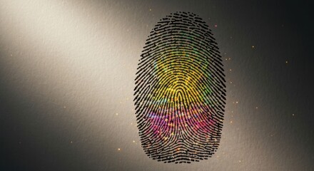 Fingerprint with rainbow core and particles on textured gray background