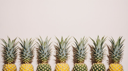 A neat row of fresh pineapples lined up against a minimal background