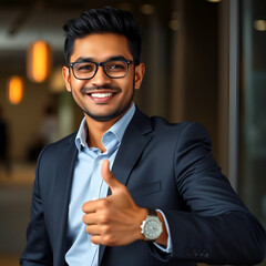 young indian businessman giving thumbs up