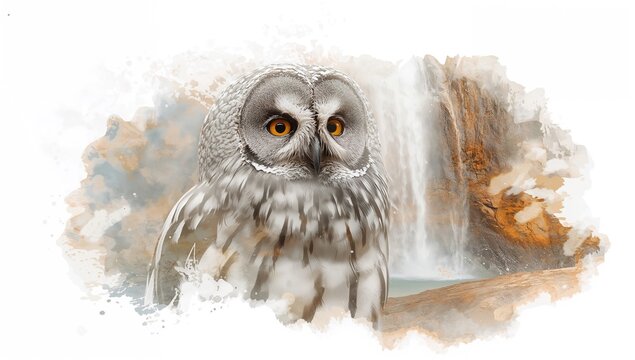 Watercolor splashes blending with a gray owl and waterfall, artistic duality in nature