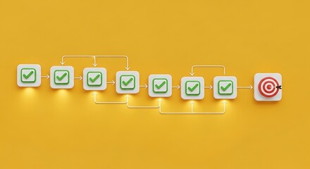 Visual representation of a workflow process with checkmarks leading to a target goal