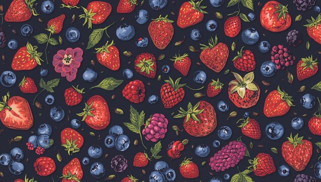 Berry Pattern Design, dark seamless backdrop showcasing an array of juicy berries for home interior decor, seasonal change