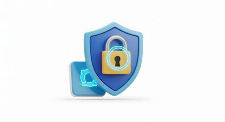 A 3D rendering of a blue shield with a golden padlock symbolizing digital security and data protection.