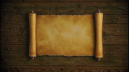 Ancient parchment scroll on rustic wood, shown in a slow backward zoom revealing its medieval border and surrounding setting. Useful for historical intros, documentary openers, fantasy titles, educati