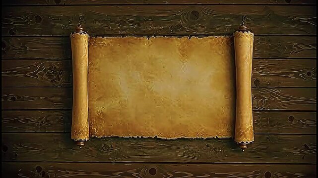 Ancient parchment scroll on rustic wood, shown in a slow backward zoom revealing its medieval border and surrounding setting. Useful for historical intros, documentary openers, fantasy titles, educati