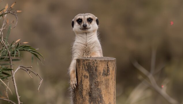 The meerkat stands beside a pillar, observing its surroundings, serving as a directional guide.