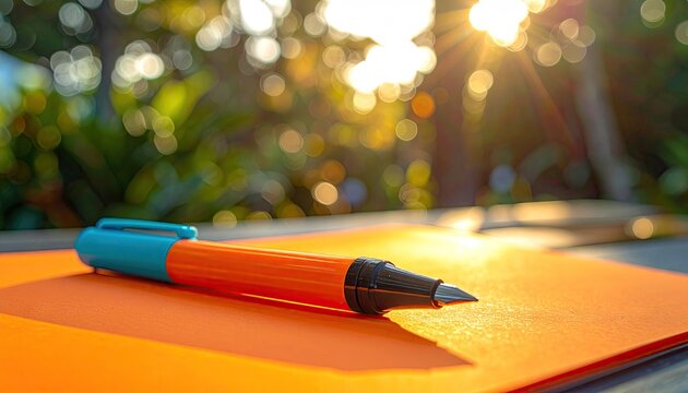 Orange and blue pen resting on an orange notebook with warm sunlight filtering through green trees in the background creating a bokeh effect