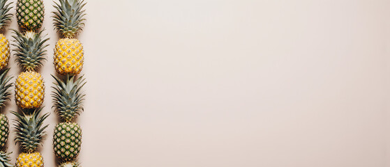 A neat row of fresh pineapples lined up against a minimal background