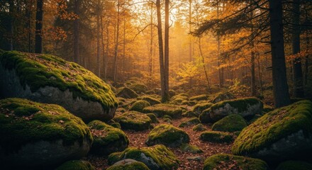 Forest scene with mossy rocks, trees, and sunlight filtering through