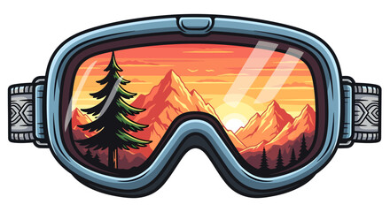 Colorful winter sport goggles reflecting a scenic mountain range and forest at sunset.