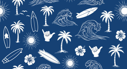 Seamless pattern with summer beach elements on a blue background.