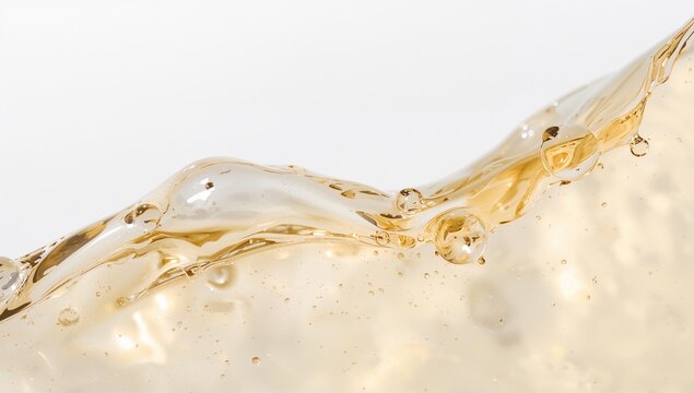Transparent skincare liquid texture, yellow serum with bubbles on white surface, potential skin benefits