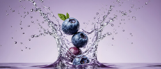 Fresh blueberries splashing in water with vibrant motion and elegance