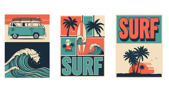 A collection of three retro-style surfing posters featuring camper vans, waves, and palm trees.