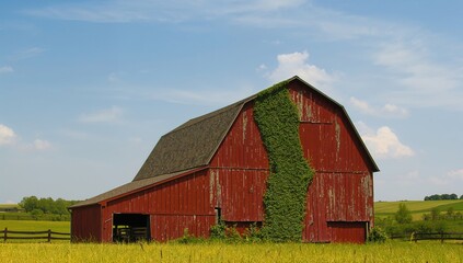 Obraz premium Rustic Red Barn Covered in Ivy, preservation