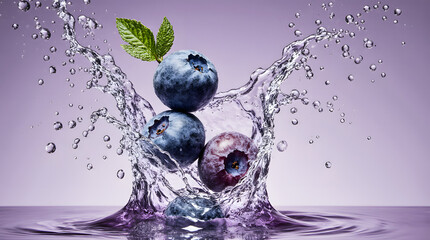 Fresh blueberries splashing in water with vibrant motion and elegance
