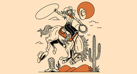 Cowgirl riding a horse and throwing a lasso in a desert landscape illustration.