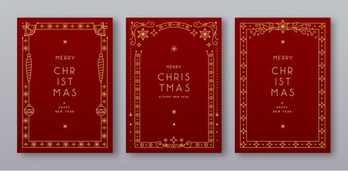 Set of modern Christmas frames or holiday greeting cards on red background. Line art vector illustration