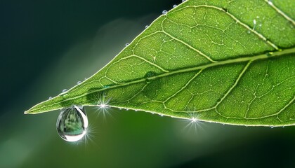 green leaf with crystal water droplets macro photography