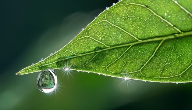 green leaf with crystal water droplets macro photography - Powered by Adobe