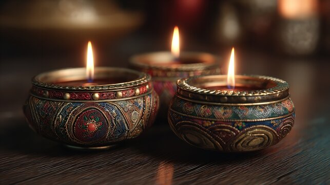 Ornate candles glow warmly casting a soft light on a wooden surface creating a serene and inviting atmosphere for relaxation