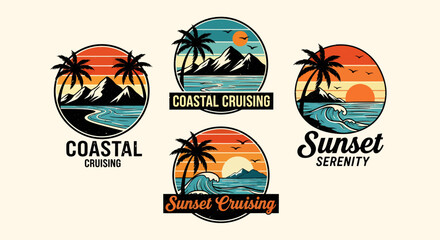 Collection of four circular vintage-style emblems featuring tropical beach sunsets with palm trees, mountains, and ocean waves.