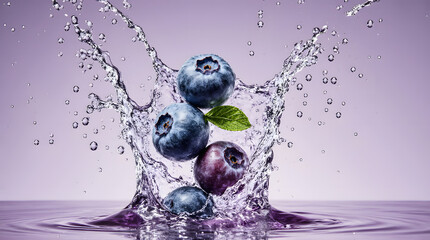 Fresh blueberries splashing in water with vibrant motion and elegance