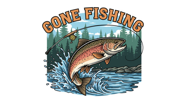A vibrant illustration of a rainbow trout jumping out of a river with a fishing rod, surrounded by a forest and mountains, featuring "GONE FISHING" text.