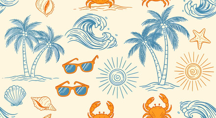 Summer themed pattern with palm trees, waves, sun, and sea creatures.