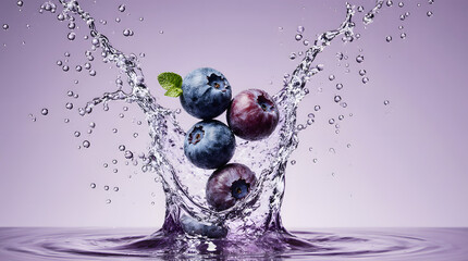 Fresh blueberries splashing in water with vibrant motion and elegance