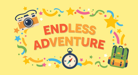 Colorful 'Endless Adventure' banner with travel icons like a camera, compass, and backpack.
