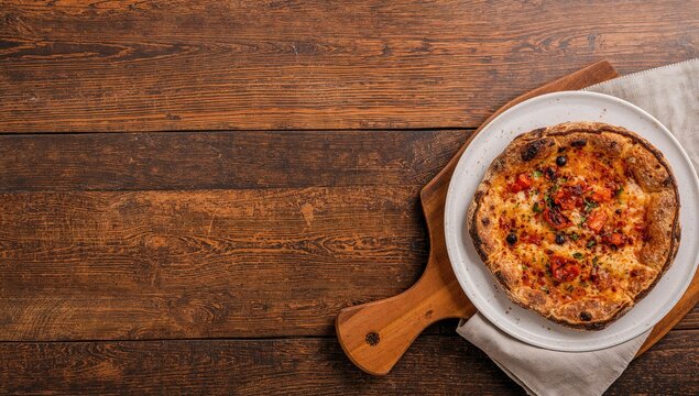 Wooden board featuring pizza, vibrant food arrangement on a rustic table setting, culinary delight