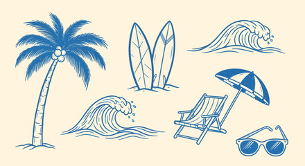 Obraz premium Illustration of beach elements including palm tree, surfboards, waves, chair, umbrella, and sunglasses.