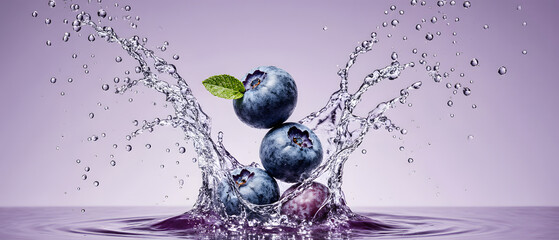 Fresh blueberries splashing in water with vibrant motion and elegance