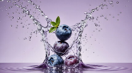 Fresh blueberries splashing in water with vibrant motion and elegance