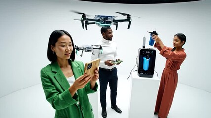 Innovative Tech Team Collaborates on Advanced Drone Project in a Futuristic White Studio - Powered by Adobe
