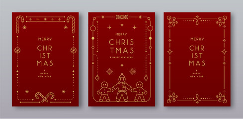 Set of modern Christmas frames or holiday greeting cards on red background. Line art vector illustration