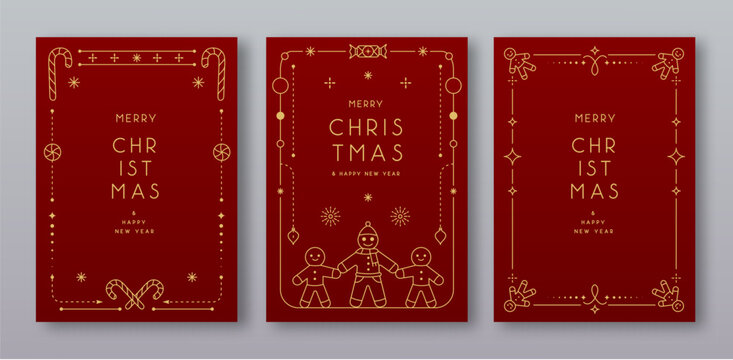 Set of modern Christmas frames or holiday greeting cards on red background. Line art vector illustration