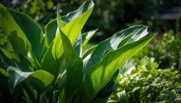 Lush green leaves in a garden setting, ideal for a natural backdrop