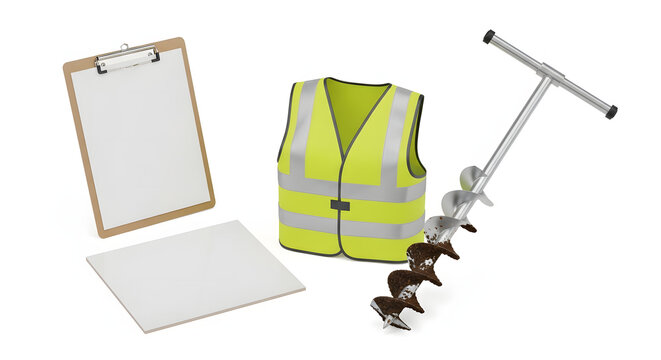 Safety equipment and documentation essentials laid out for inspection. A clipboard and a reflective vest are ready for on-site operation, alongside with an earth auger drill