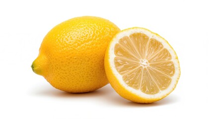 Lemon fruit, sliced and halved on a white backdrop, beneficial for hydration and flavor enhancement