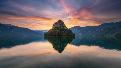 Serene lake reflecting the sky at sunset with mountains in the background, a tranquil nature escape