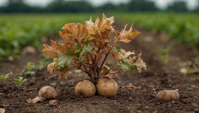Potato plants affected by late blight, highlighting the impact of Phytophthora infestans on agricultural yield