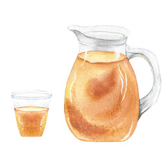glass jug and juice glass, watercolor illustration for design, packaging