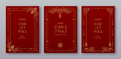 Set of modern Christmas frames or holiday greeting cards on red background. Line art vector illustration